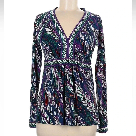 BCBGMAXAZRIA Y2K Jewel Tones Leaf Feather Print Boho Top Blouse Size Medium M - Picture 5 of 5